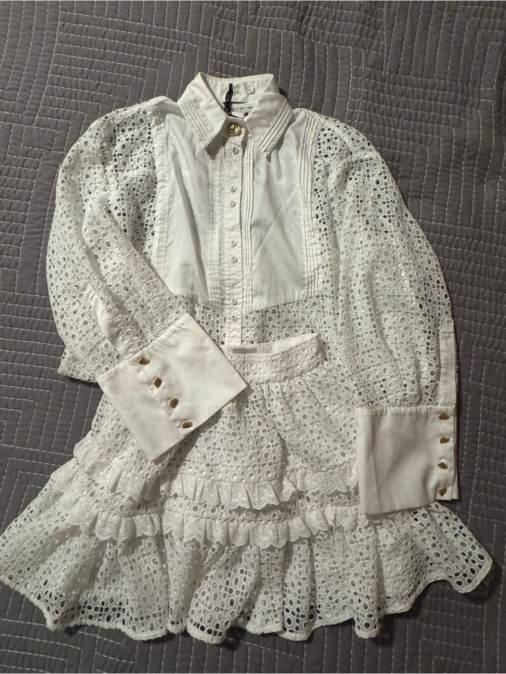 Aje White Eyelet Cotton Shirt & Tiered Skirt Set - Picture 5 of 8